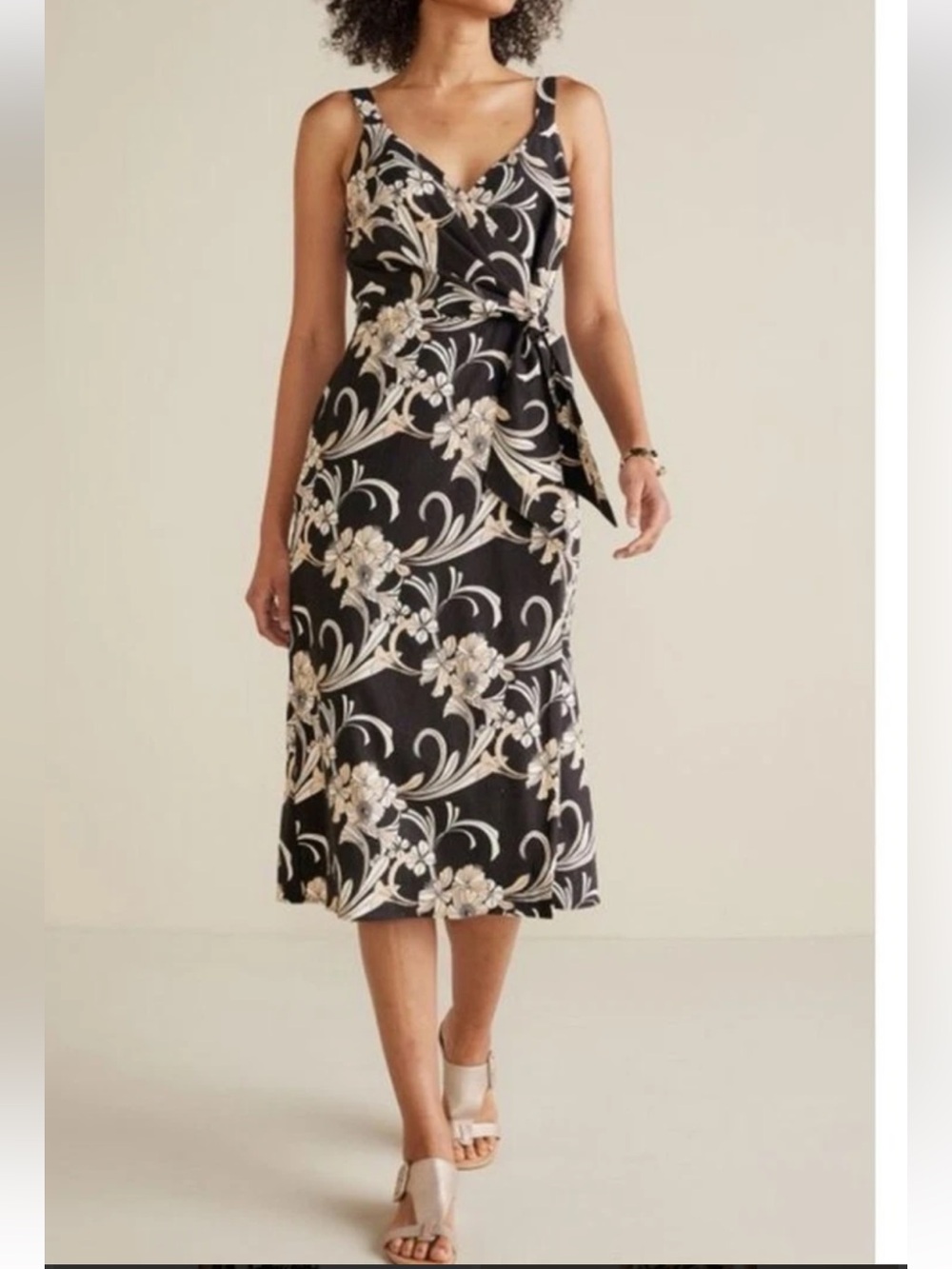 Soft Surroundings Black Floral Faux Wrap Midi Dress with Cream Motif, Size L,